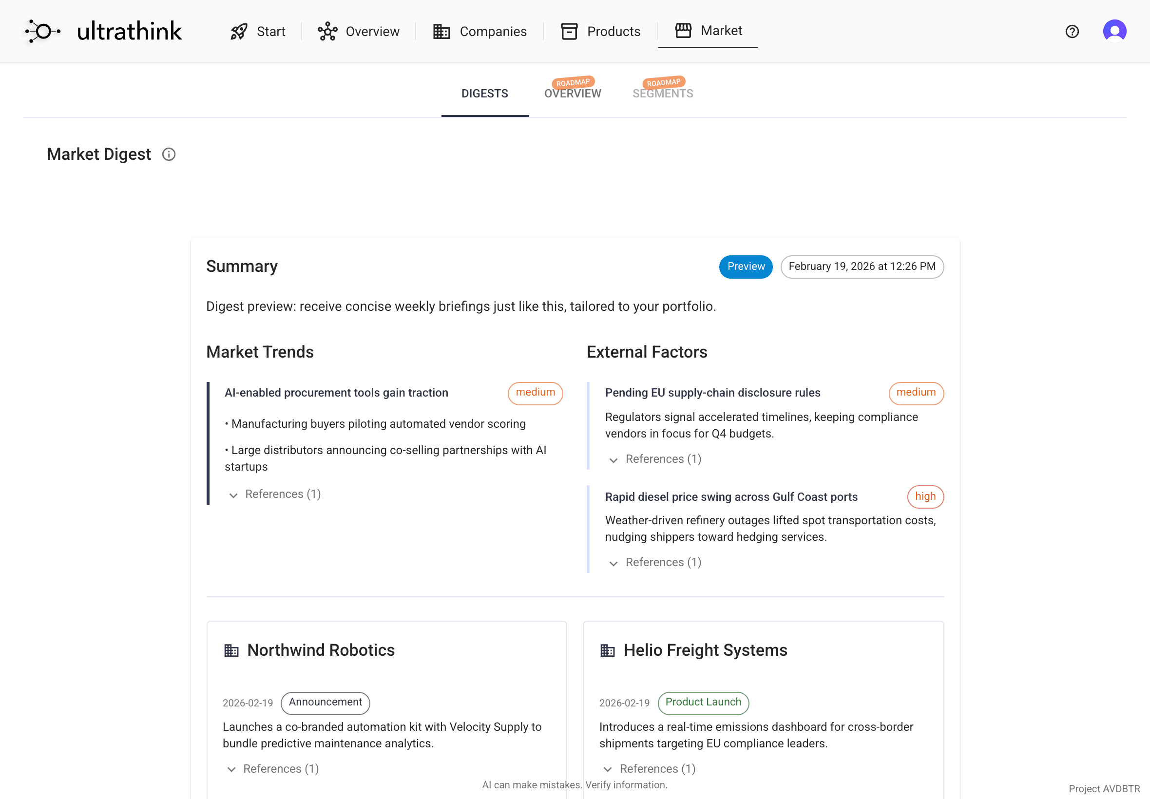 Monitoring view showing portfolio changes and market shifts over time